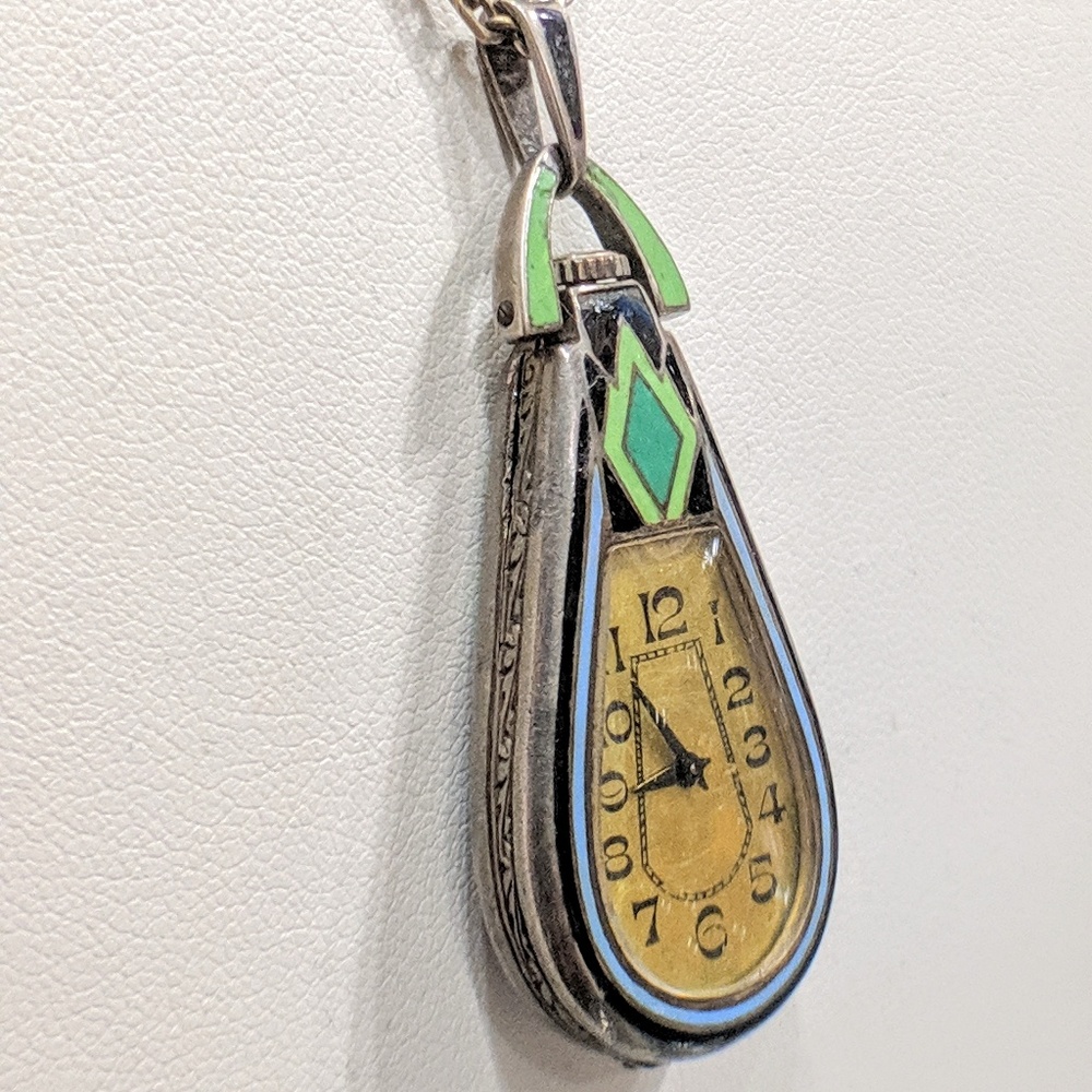 Art Deco enamel pendant watch with enamel chain